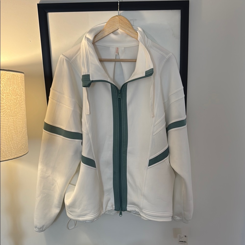 Free People White and Green Ski Jacket with Stand-Up Collar